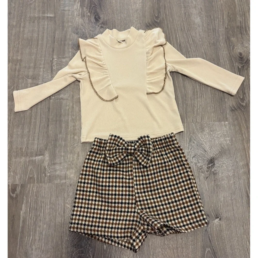 Toddler Girls Cream Ribbed Ruffle Top Plaid Bow Short Set Size 2-3Y Fall Holiday